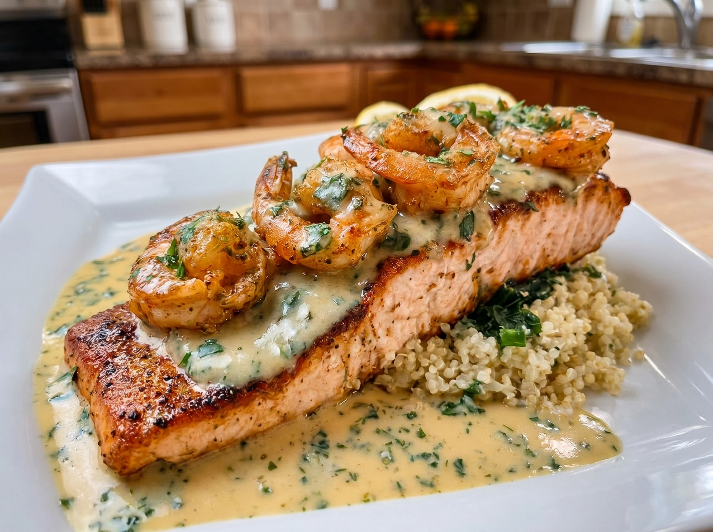 Creamy Garlic Shrimp Salmon with Herb Sauce