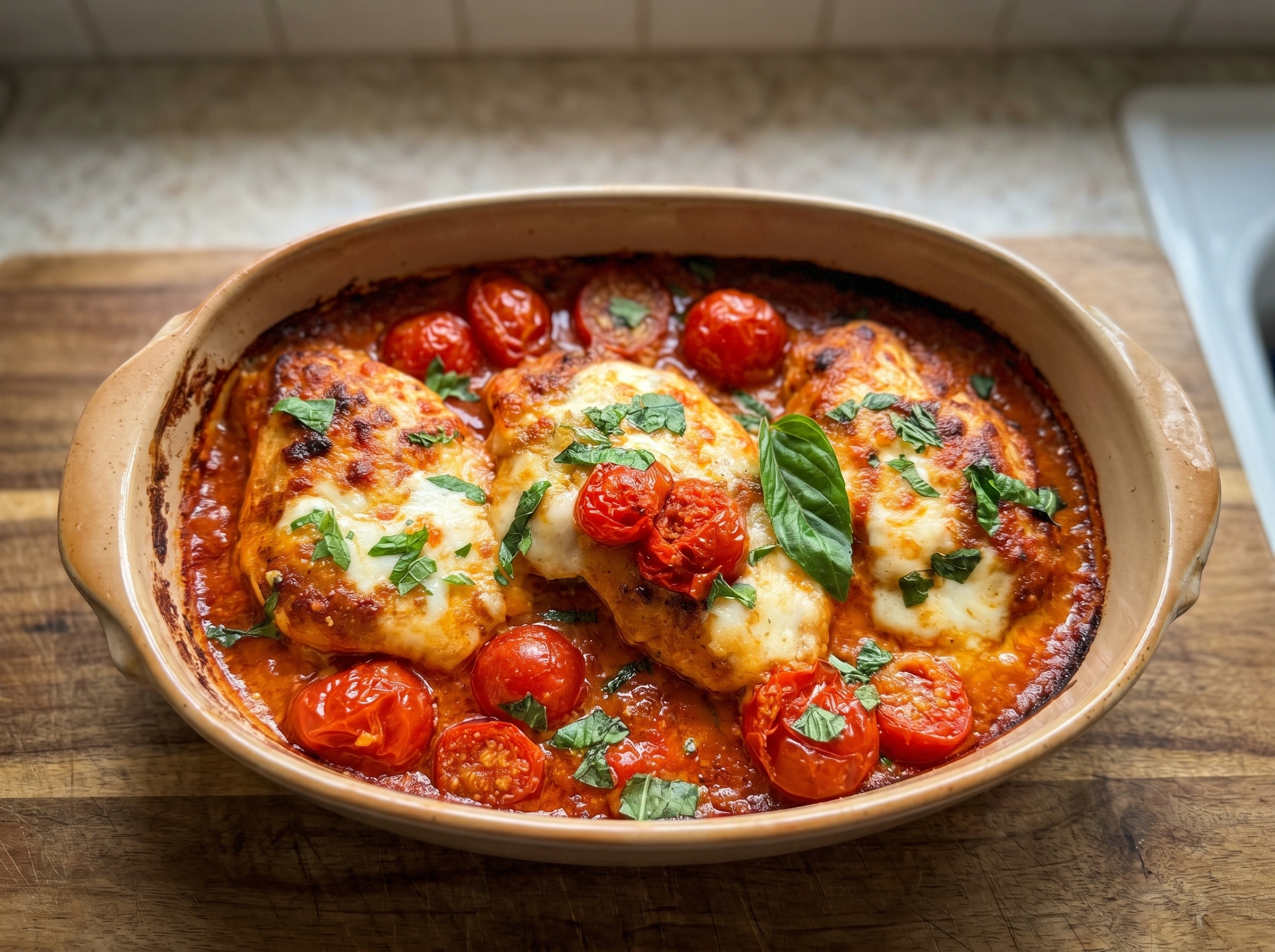 Cheesy Tomato Basil Chicken Bake