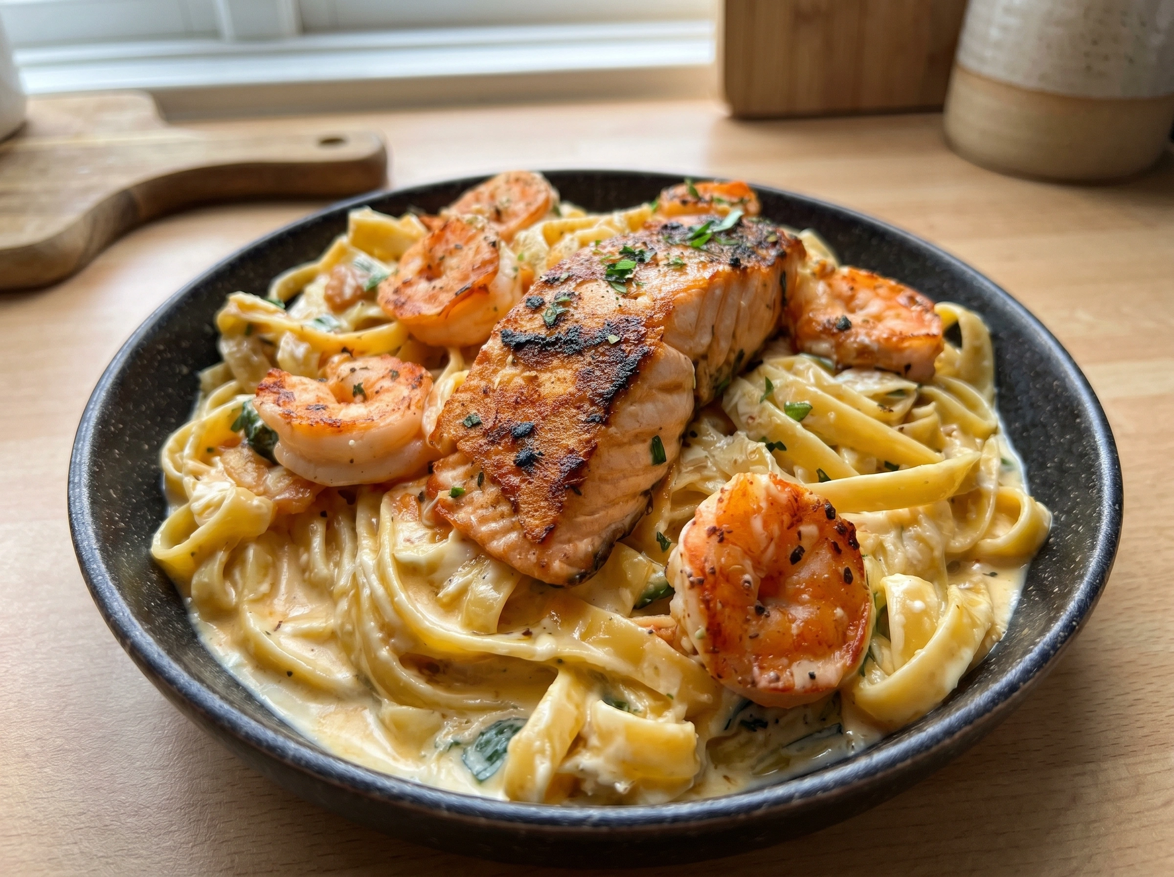 Creamy Salmon and Shrimp Alfredo Pasta