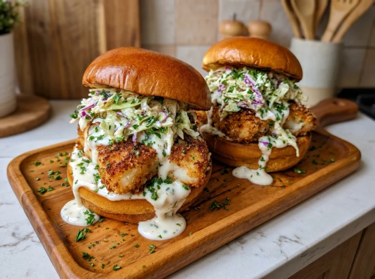 Crispy Fish Sandwiches with Creamy Slaw