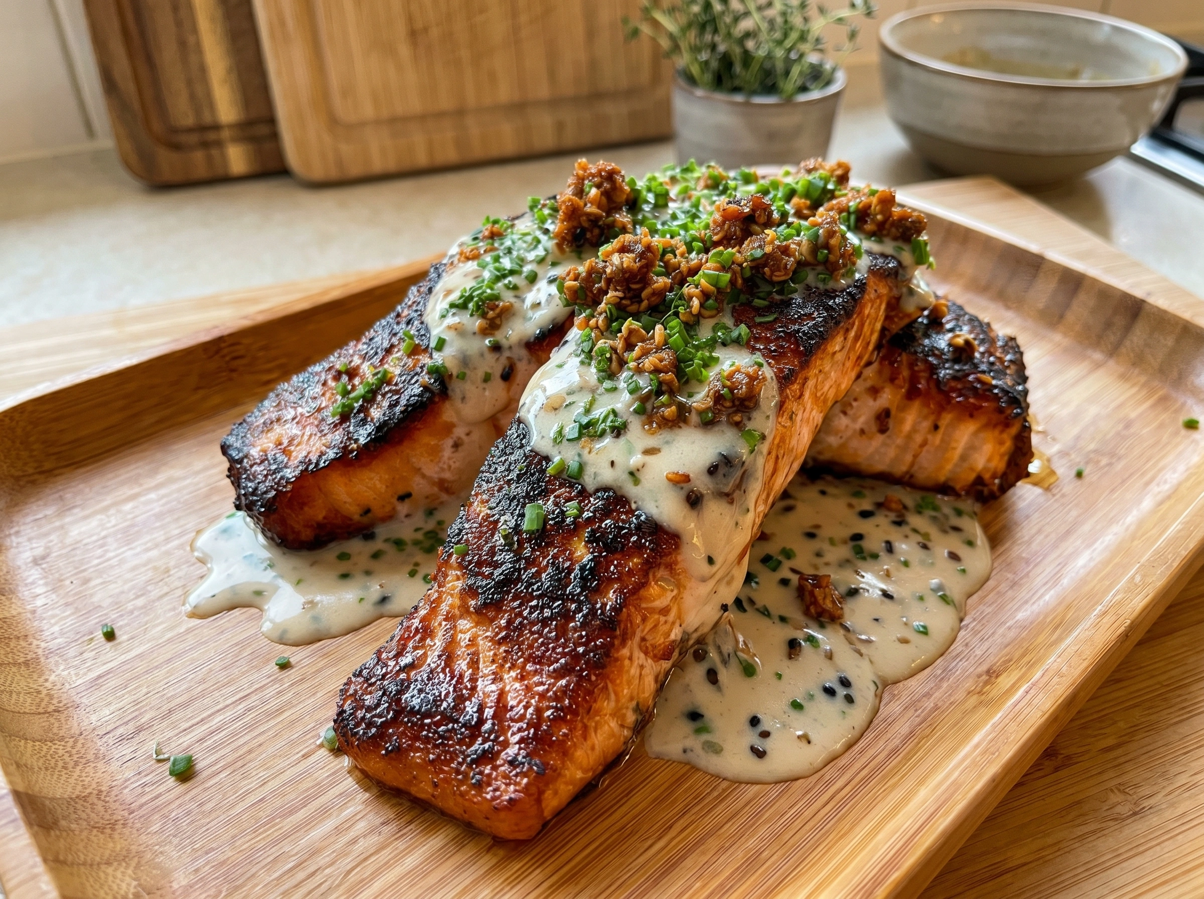Blackened Salmon with Creamy Garlic Sauce