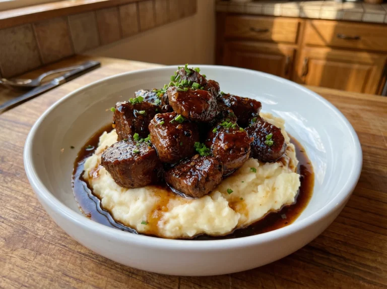 Honey Garlic Steak Bites with Mashed Potatoes