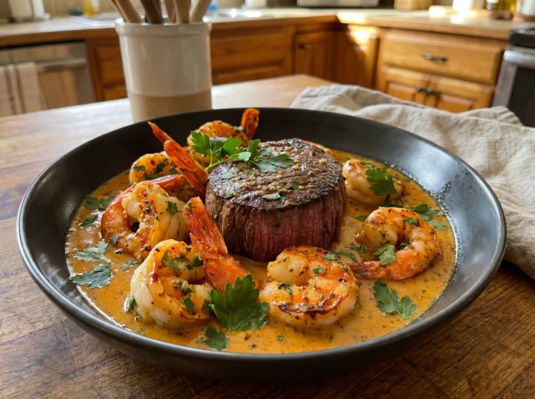 Surf and Turf Steak with Creamy Garlic Shrimp Sauce