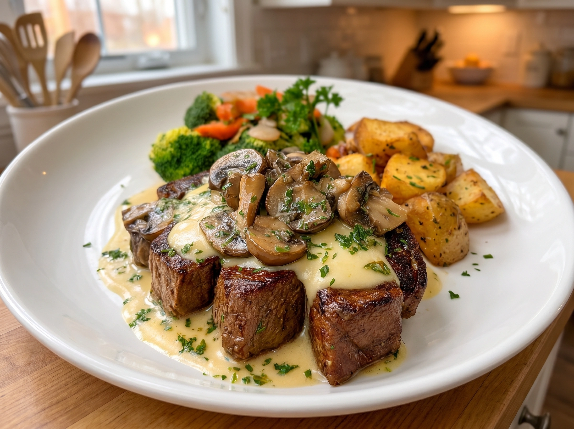Creamy Garlic Steak Bites with Mushrooms