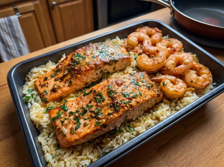 Garlic Butter Salmon and Shrimp Rice Bake