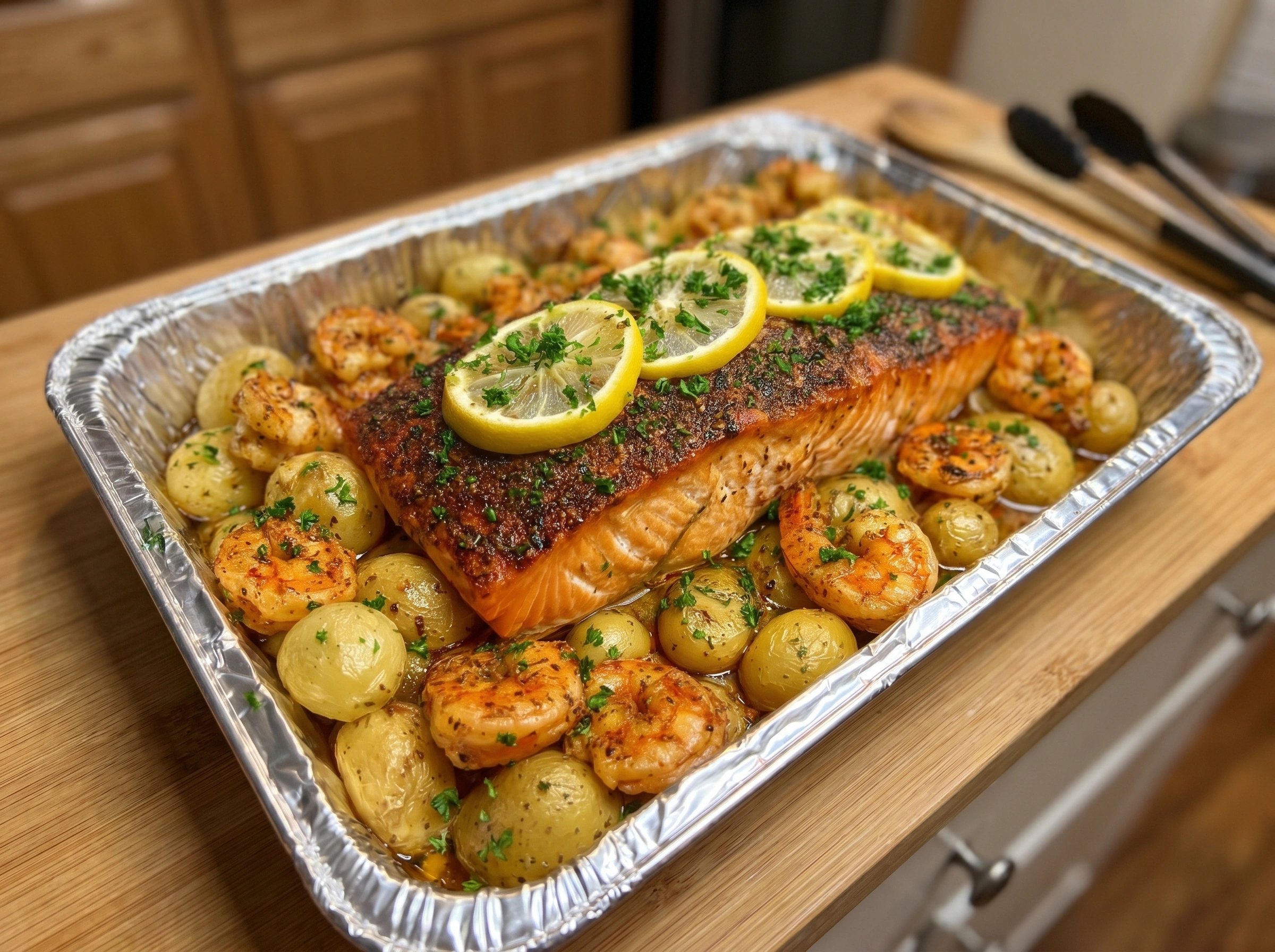 Blackened Salmon and Shrimp Tray Bake