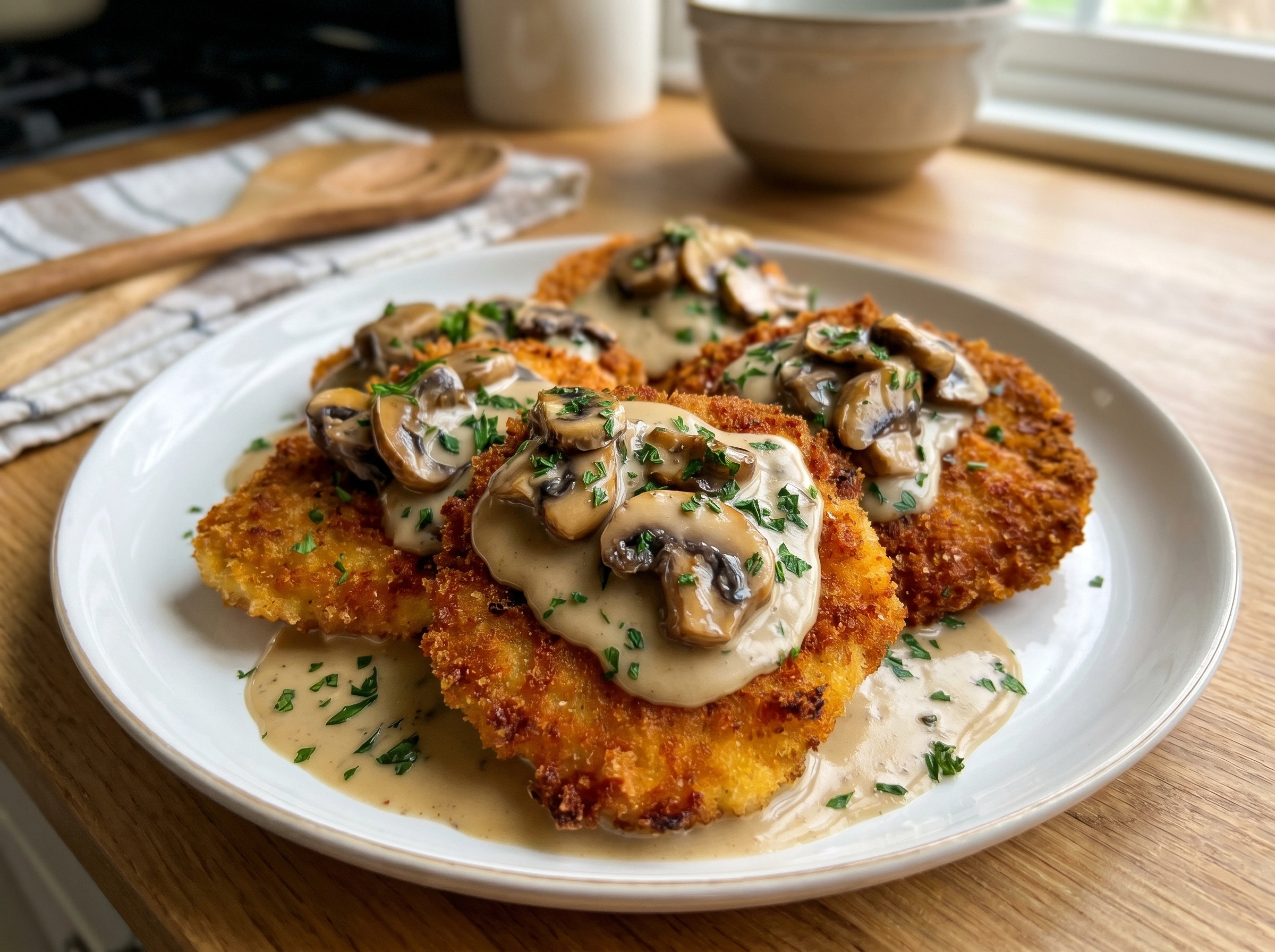 Crispy Chicken Cutlets with Creamy Mushroom Sauce
