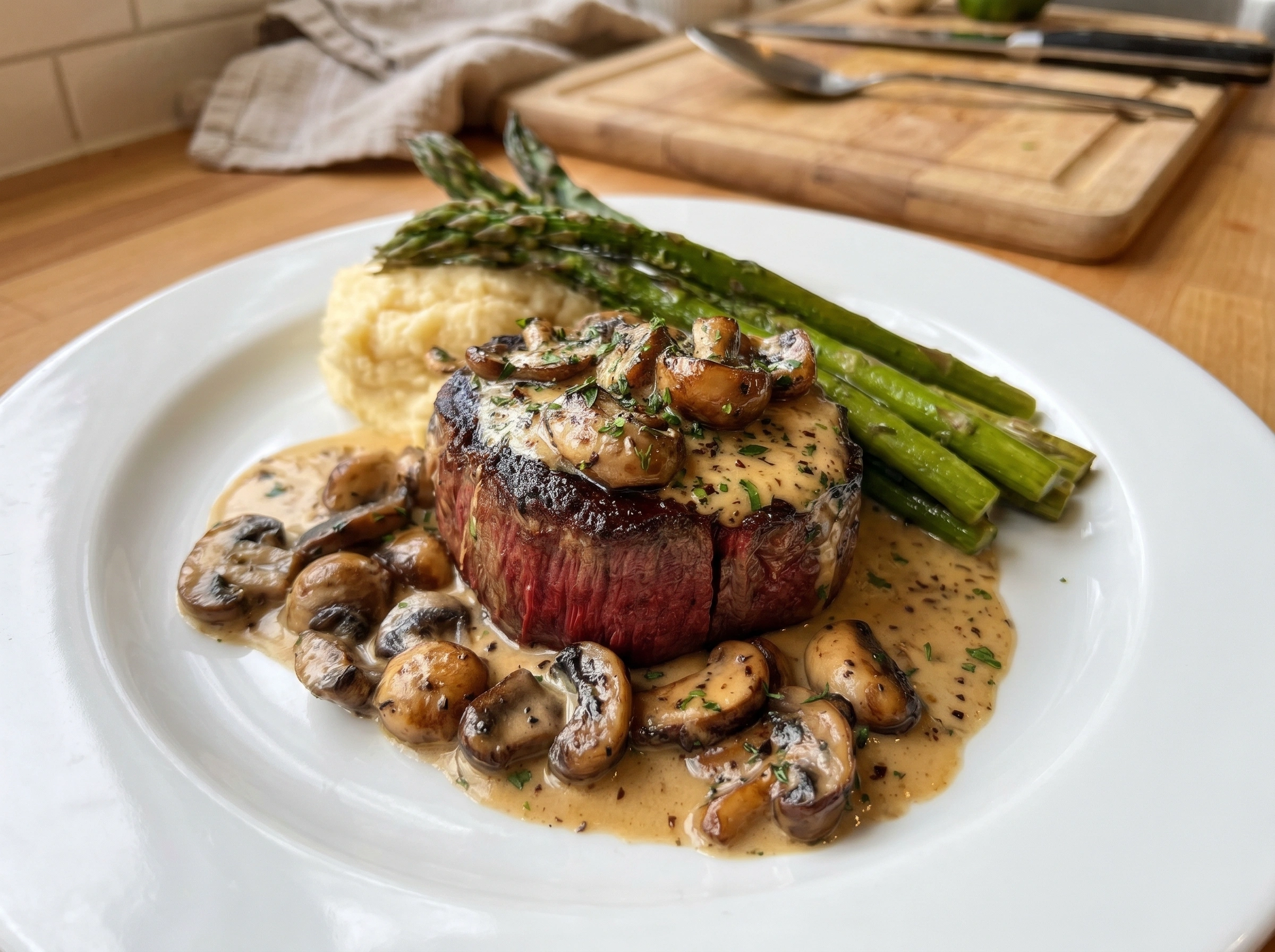 Creamy Mushroom Steak with Asparagus