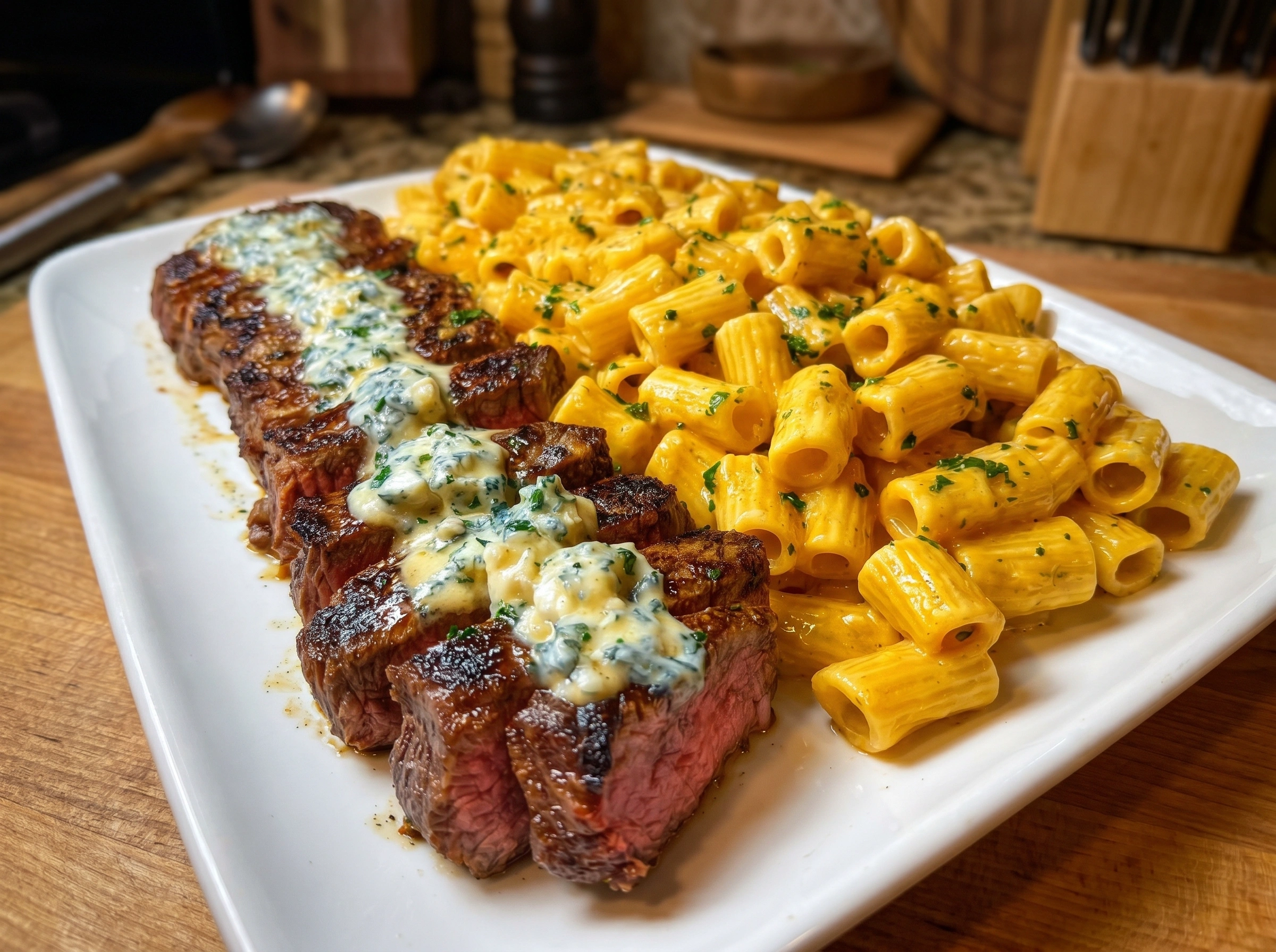 Garlic Butter Steak with Creamy Cheddar Rigatoni