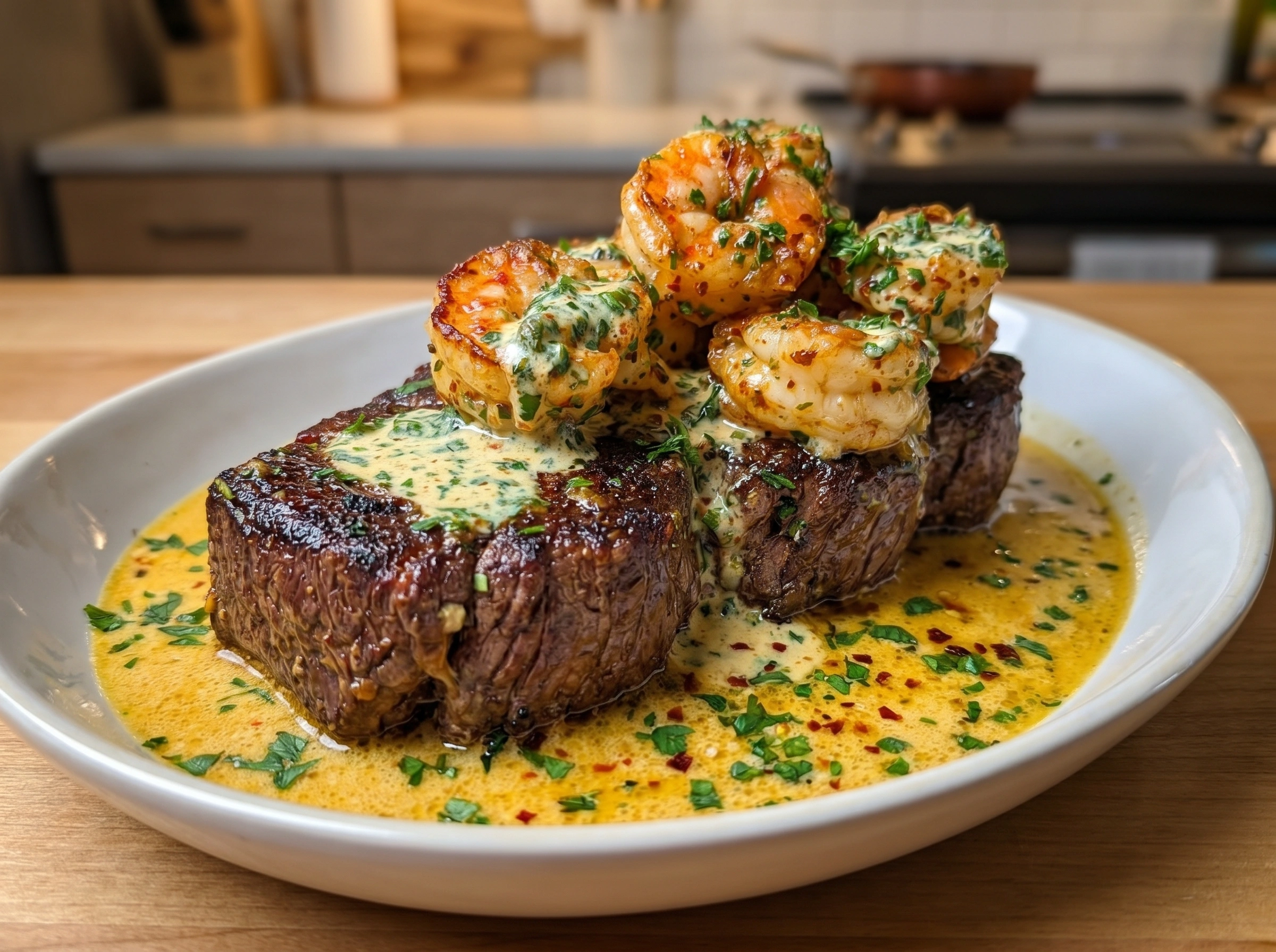 Steak with Garlic Shrimp and Creamy Herb Butter Sauce