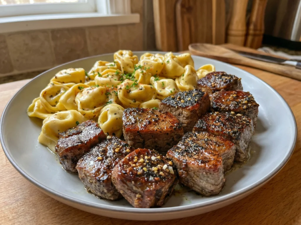 Garlic Butter Steak Bites with Creamy Cheese Tortellini