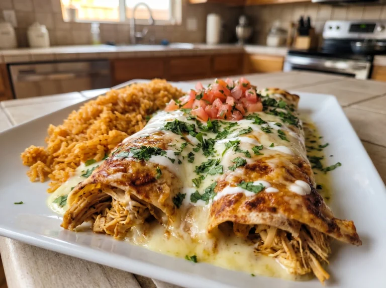Creamy White Chicken Enchiladas with Mexican Rice