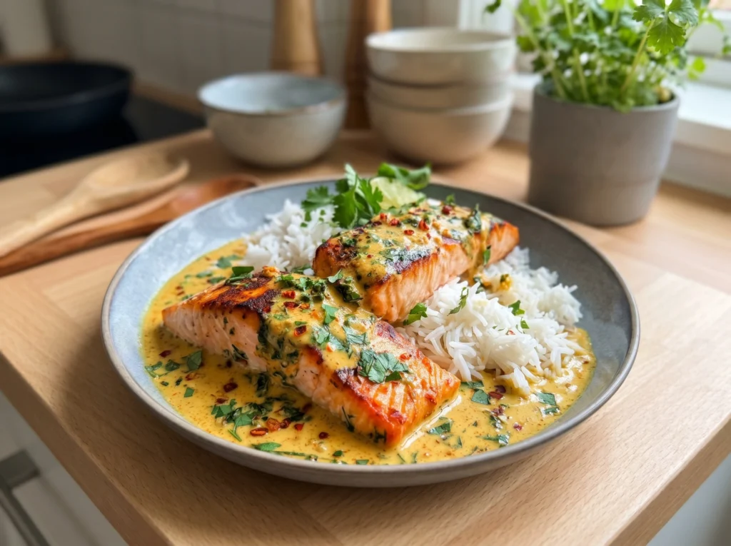 Creamy Coconut Cilantro Salmon with Rice