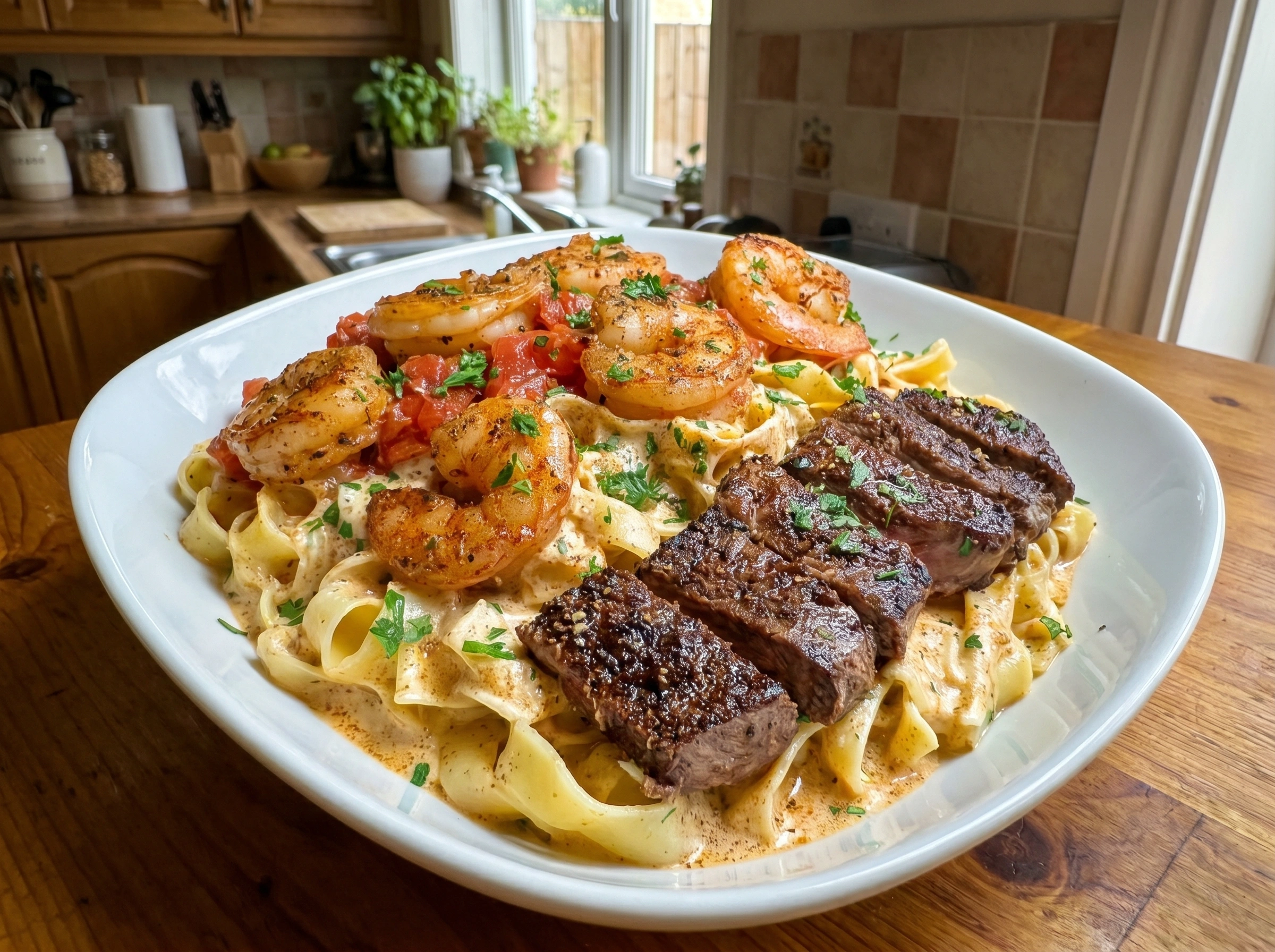 Creamy Cajun Steak & Shrimp Pasta