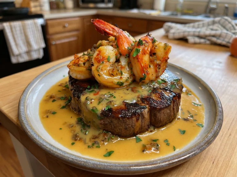 Steak with Creamy Garlic Shrimp Sauce