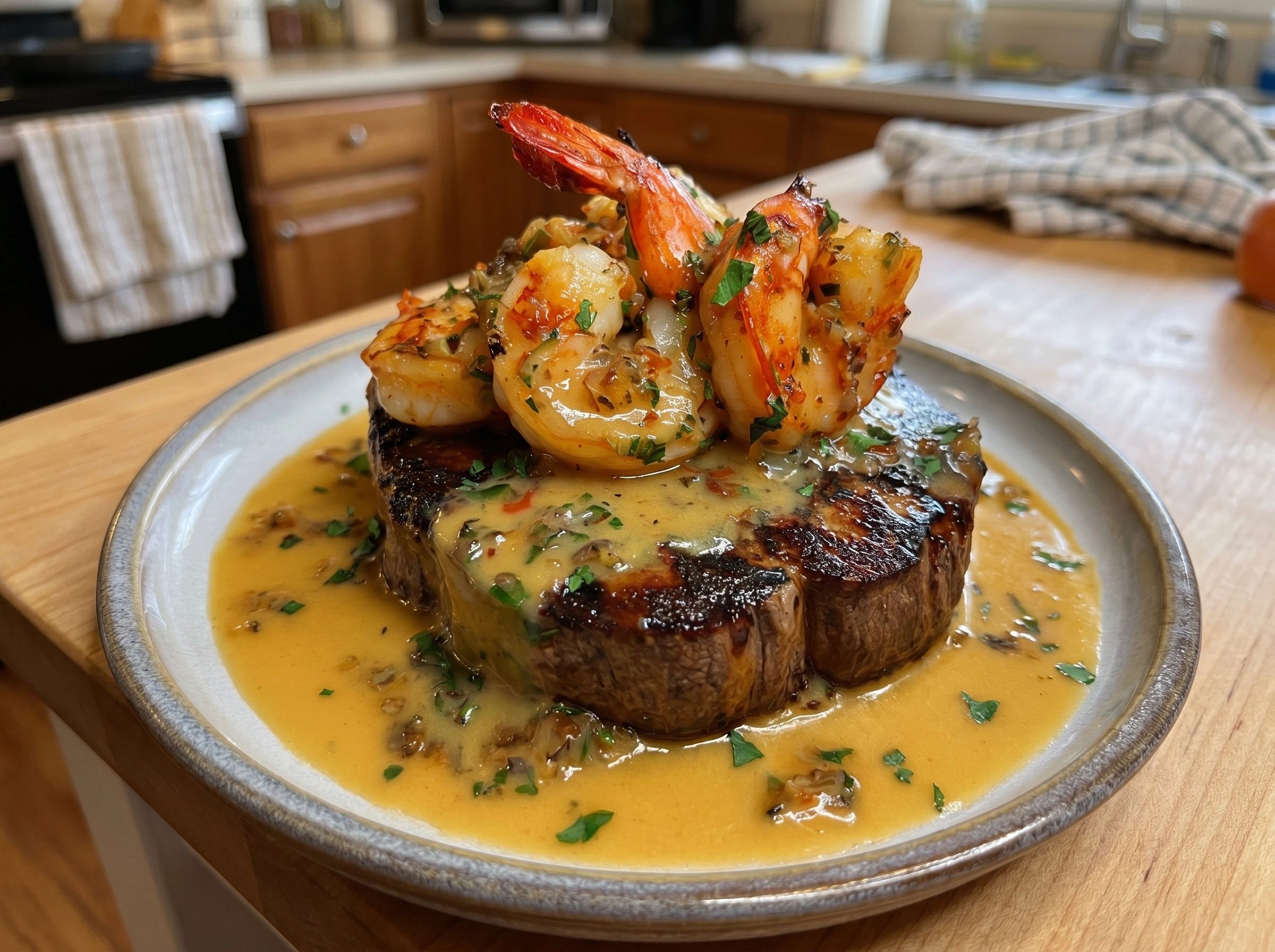 Steak with Creamy Garlic Shrimp Sauce